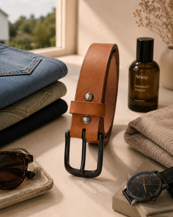 Two Rivets Leather Belt – Brown | Matte Black Buckle