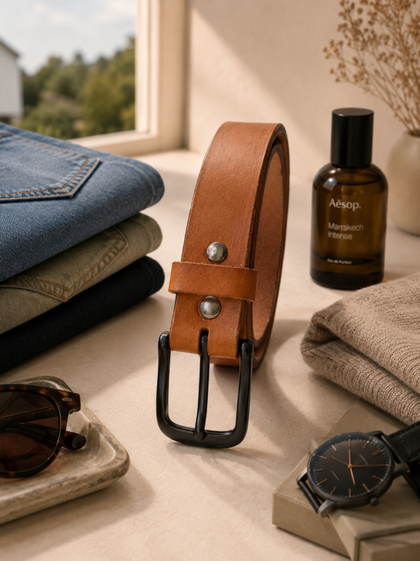 Two Rivets Leather Belt – Brown | Matte Black Buckle